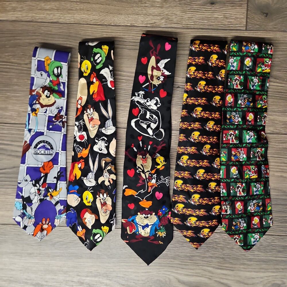 Vintage 90s Looney Tunes Mania Silk Tie Lot of 5 Cartoon Character Neckties